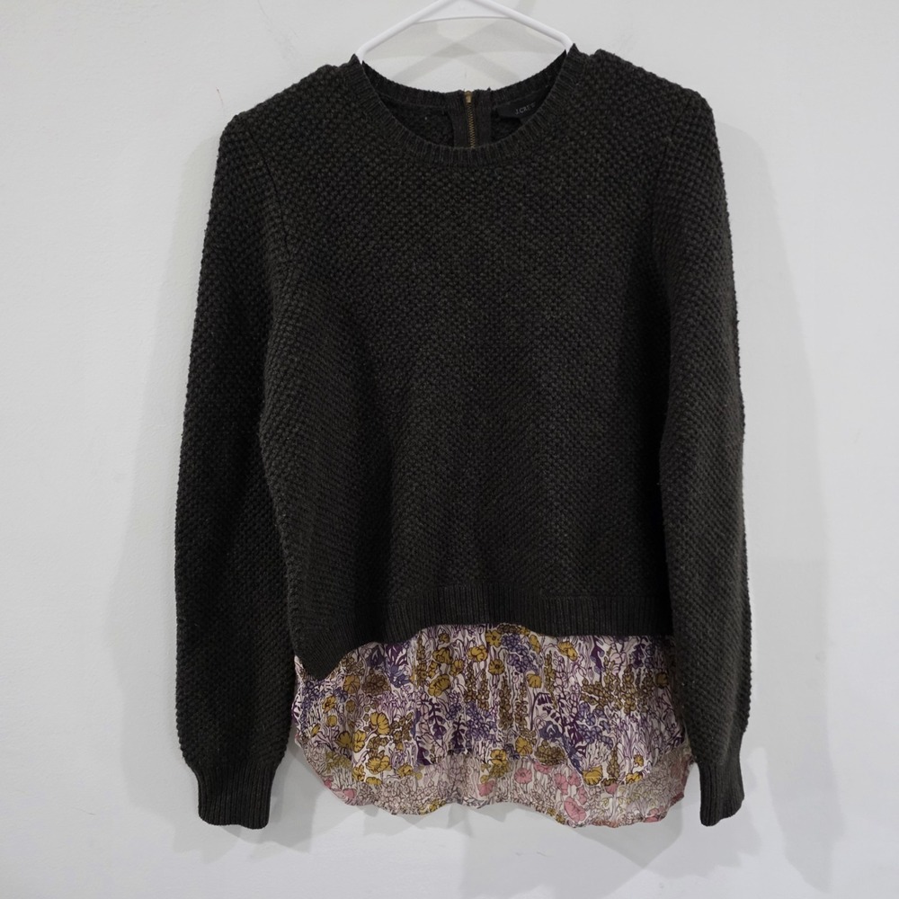 J Crew Womens Shirttail Knit Sweater Twofer Size Small Brown Wool Silk Floral